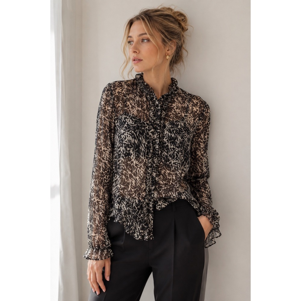 Ba&sh Elia Chemise Blouse Black cream Abstract Print Ruffle Neck Medium